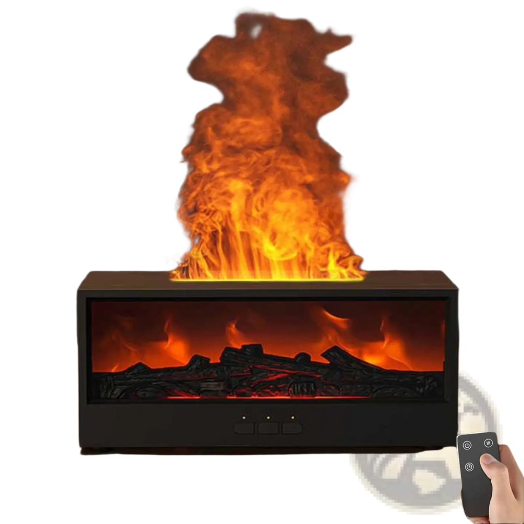Black electric fireplace with realistic orange and yellow flames over simulated logs in a flame humidifier volcano aromatherapy diffuser light design
