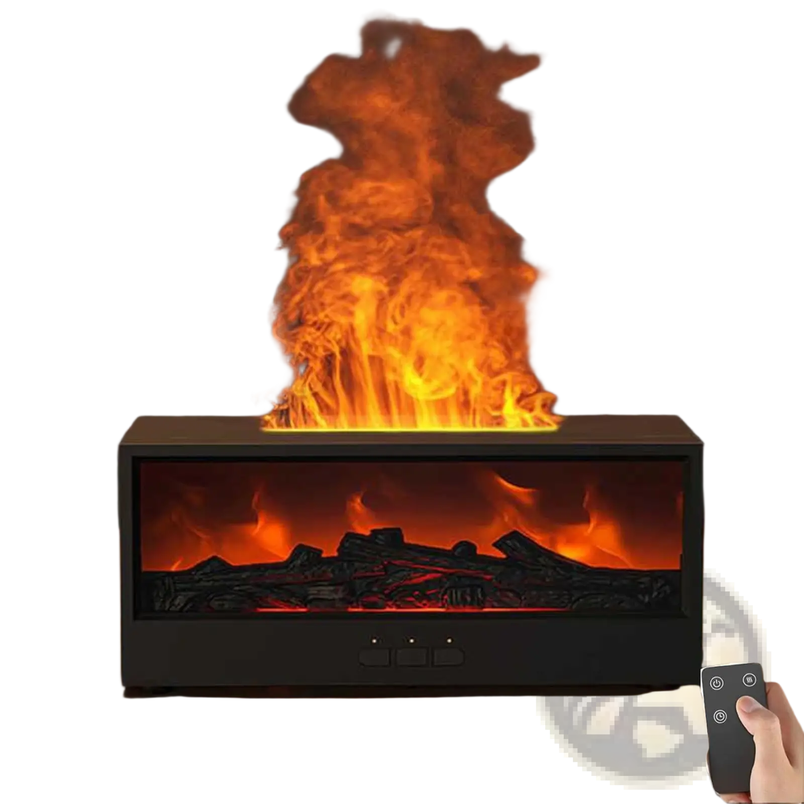 Black electric fireplace with realistic orange and yellow flames over simulated logs in a flame humidifier volcano aromatherapy diffuser light design