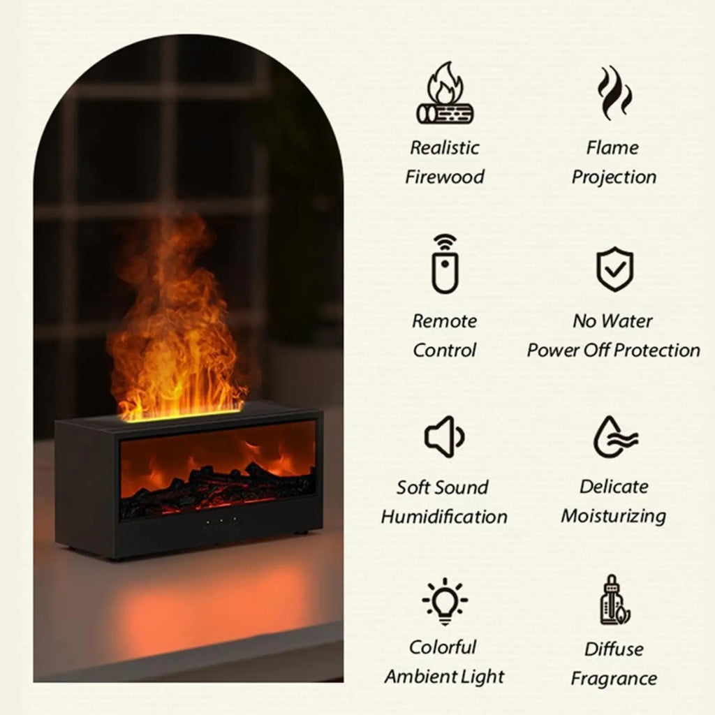 Black rectangular electric fireplace with realistic flame projection and ambient lighting in flame humidifier volcano diffuser light
