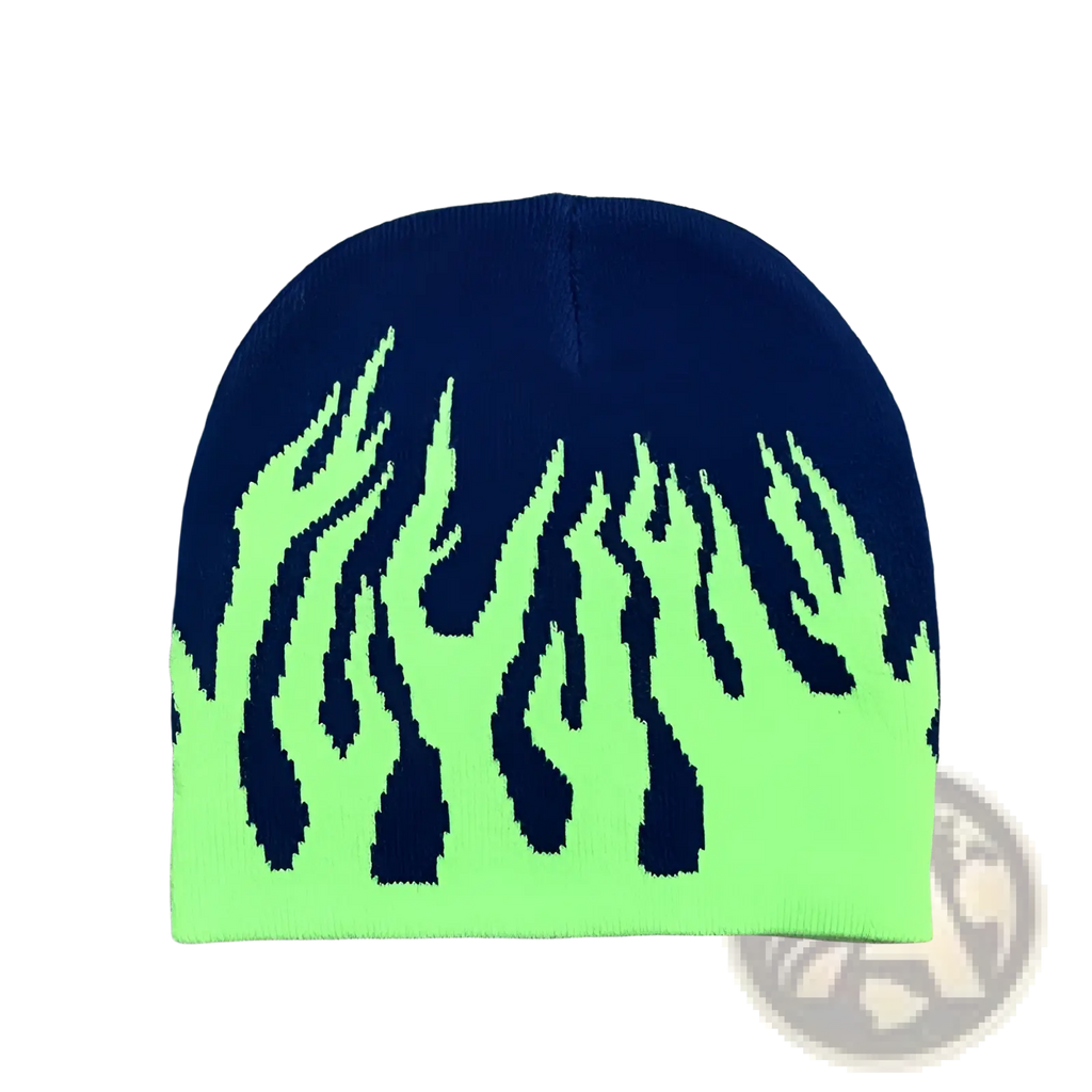 A navy blue knit flame beanie hat with a vibrant neon green flame pattern on the lower half