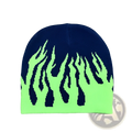 A navy blue knit flame beanie hat with a vibrant neon green flame pattern on the lower half
