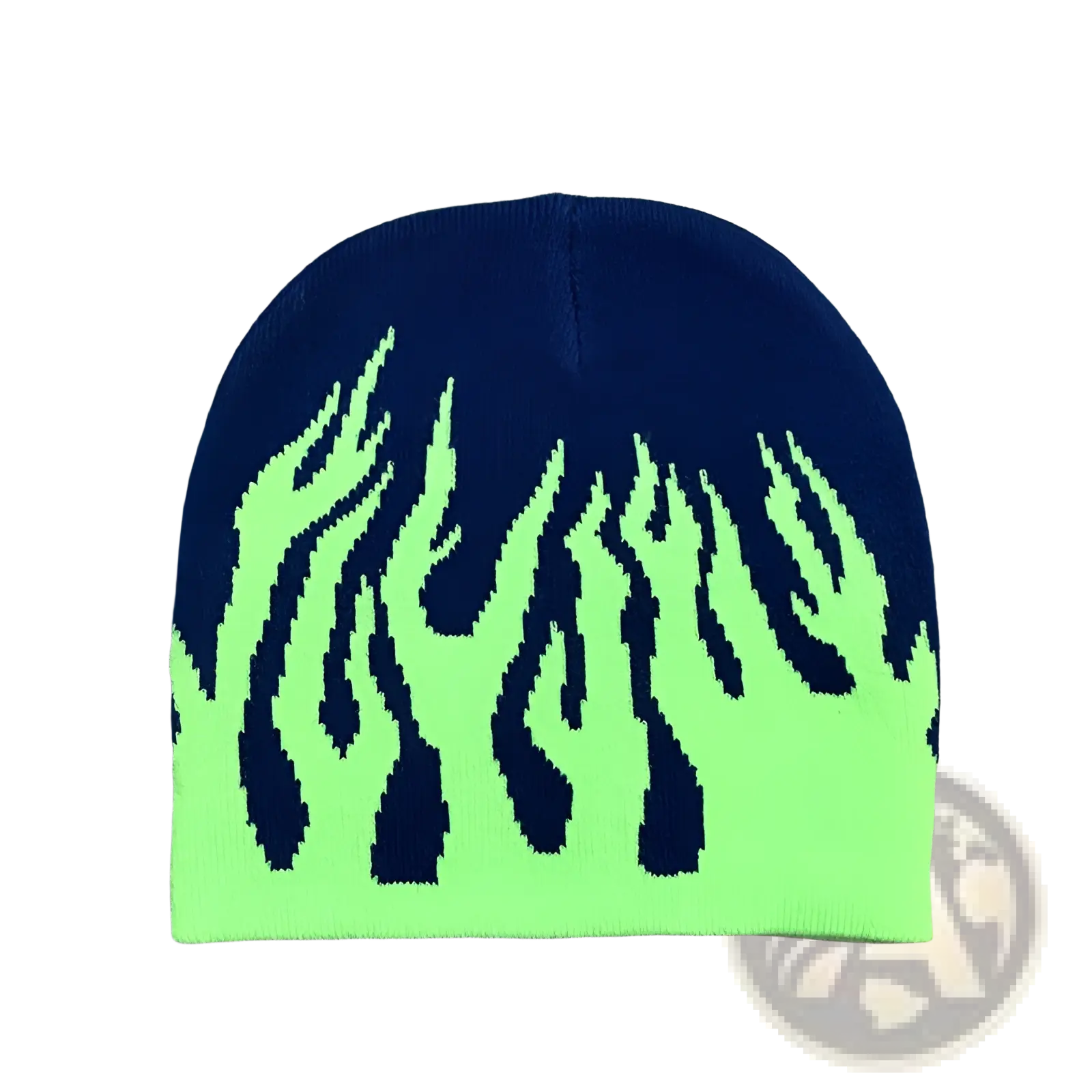 A navy blue knit flame beanie hat with a vibrant neon green flame pattern on the lower half