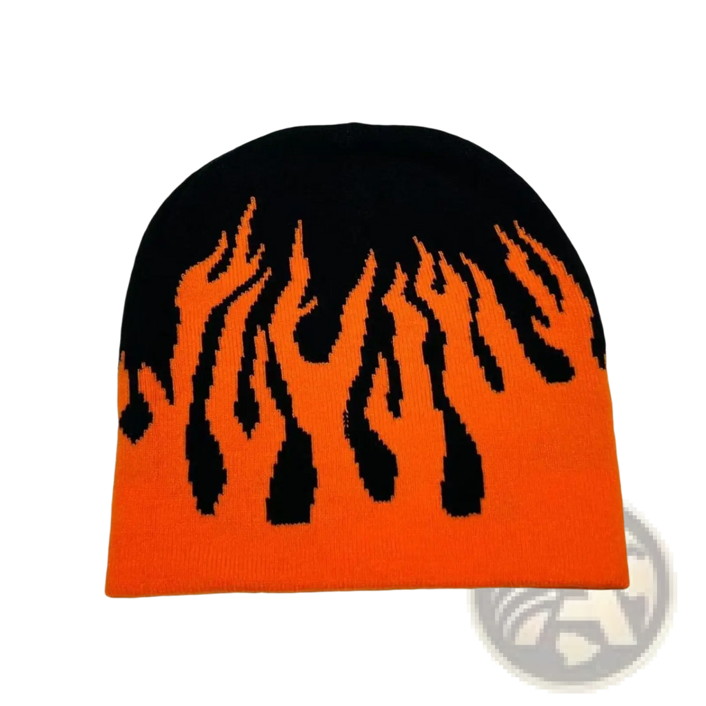 Flame knit beanie hat featuring black and orange flame pattern in knit fabric for cold weather wear