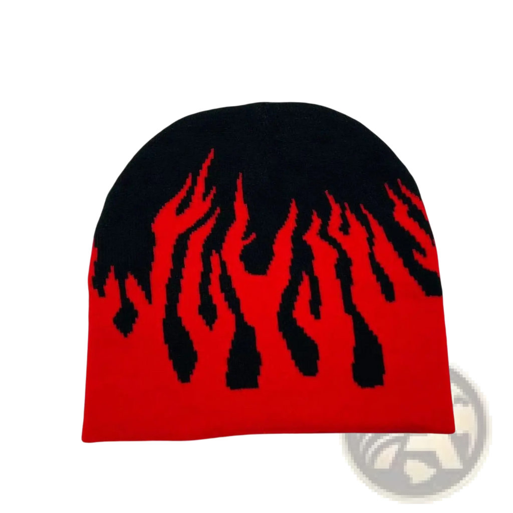 Flame knit beanie hat in black and red with flame pattern made of knit fabric for casual winter wear