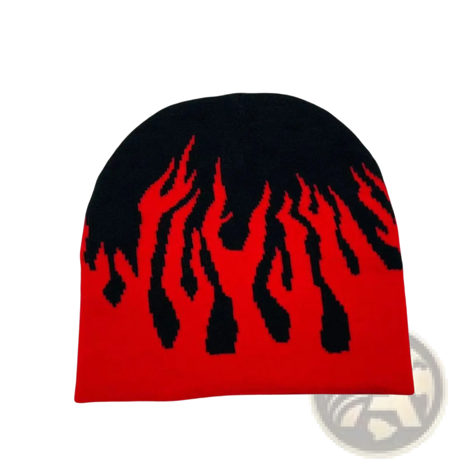Flame knit beanie hat in black and red with flame pattern made of knit fabric for casual winter wear