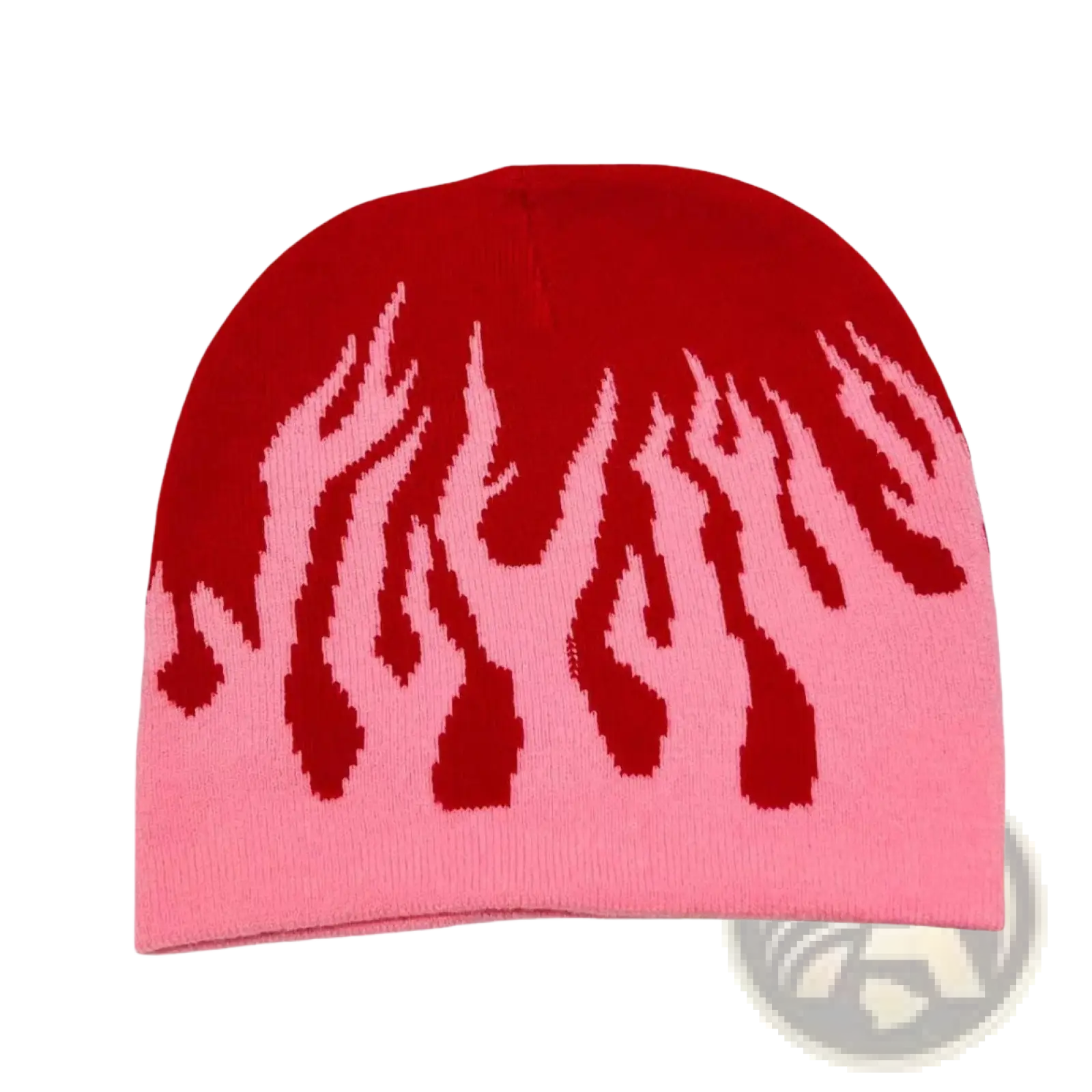 Flame knit beanie hat with a knitted gradient design from deep red to light pink featuring bold flame patterns