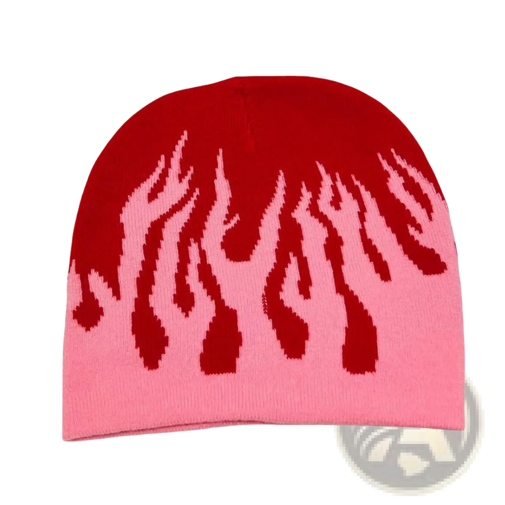 Flame knit beanie hat with a knitted gradient design from deep red to light pink featuring bold flame patterns