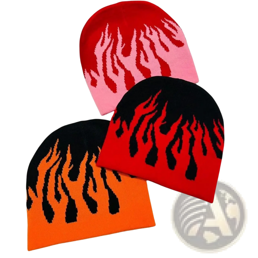 Three flame knit beanie hats in red pink, black red, and orange black with bold knitted flame designs