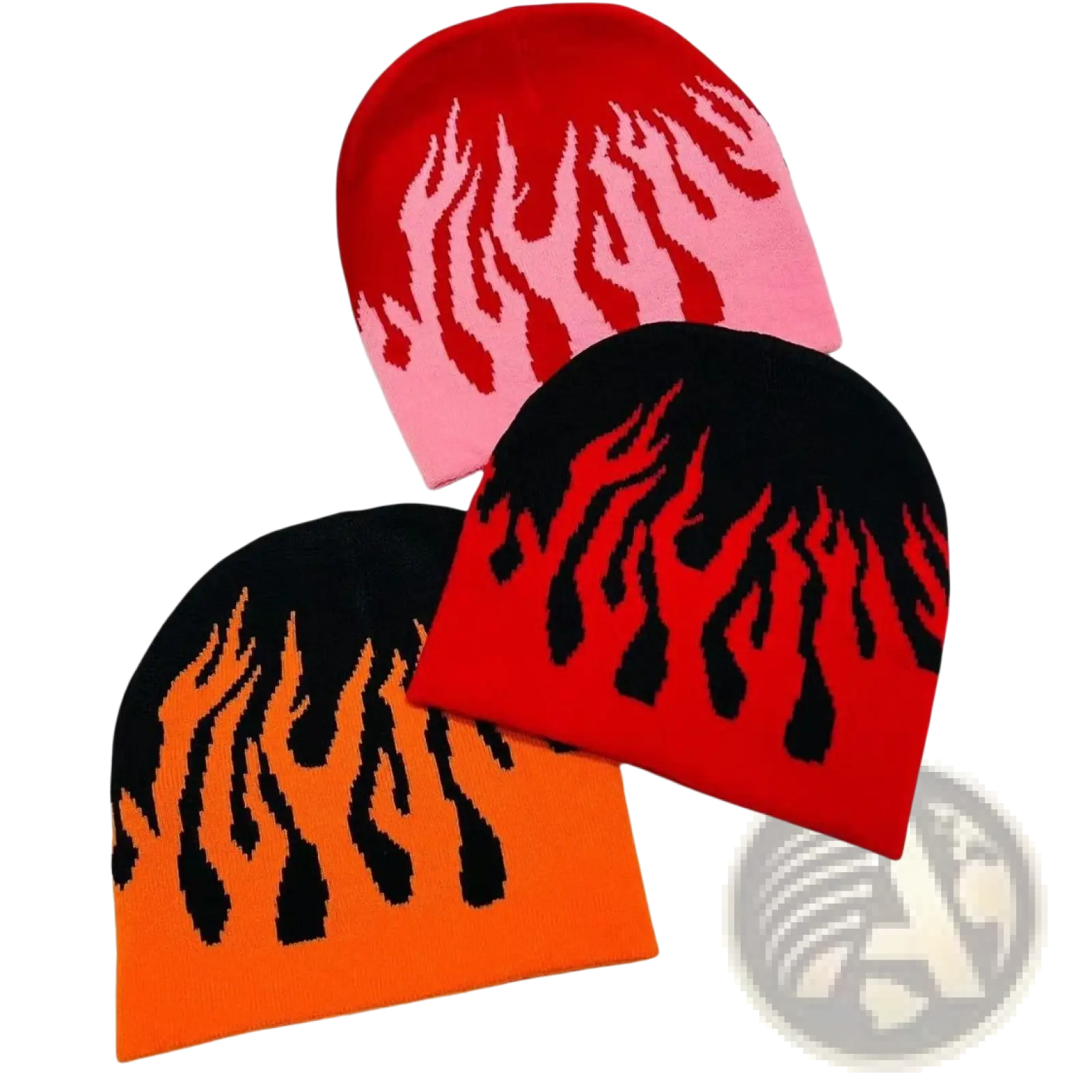 Three flame knit beanie hats in red and pink, black and red, and orange and black featuring bold knit flame designs