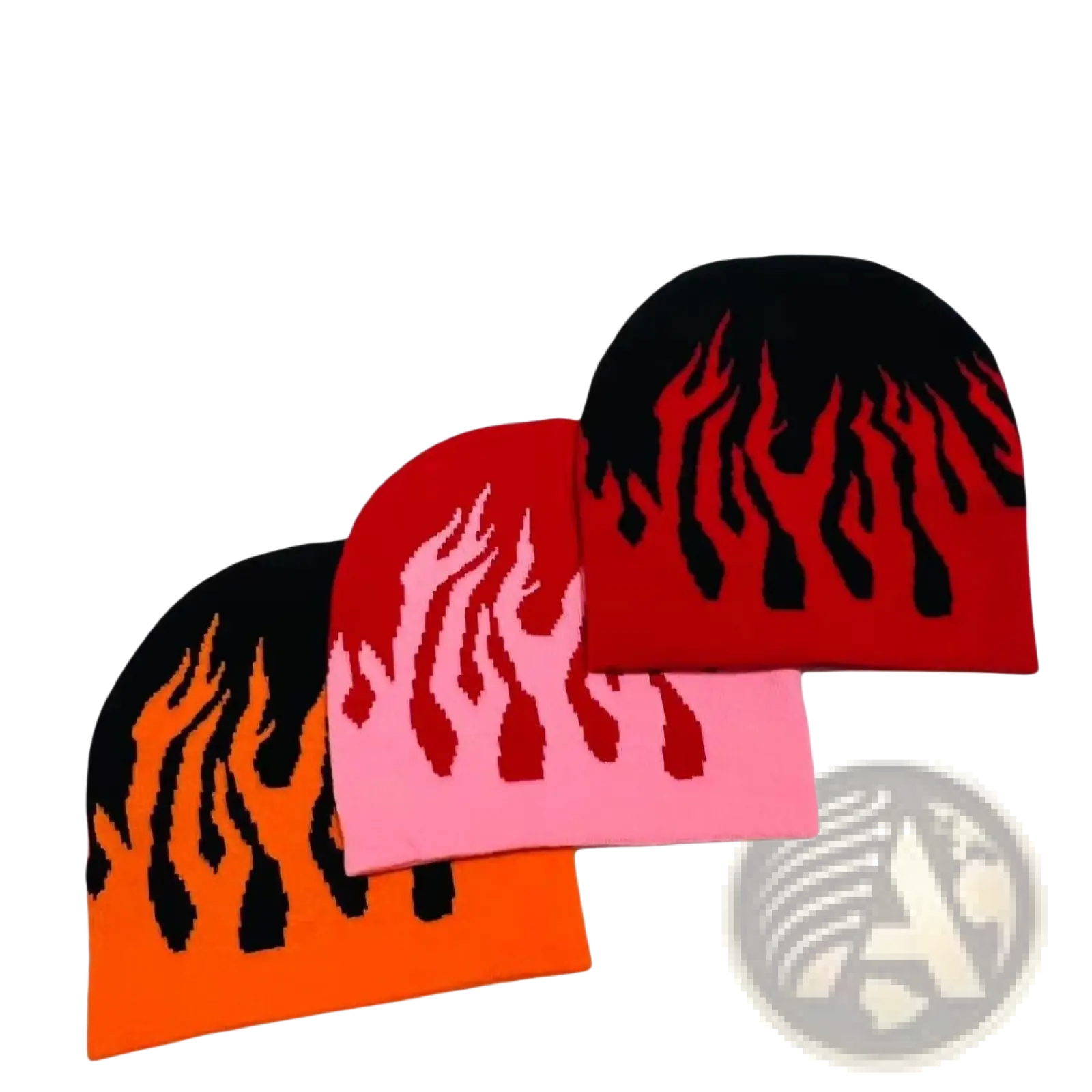 Three flame pattern knit beanie hats in orange pink and red with black flames made of knit material