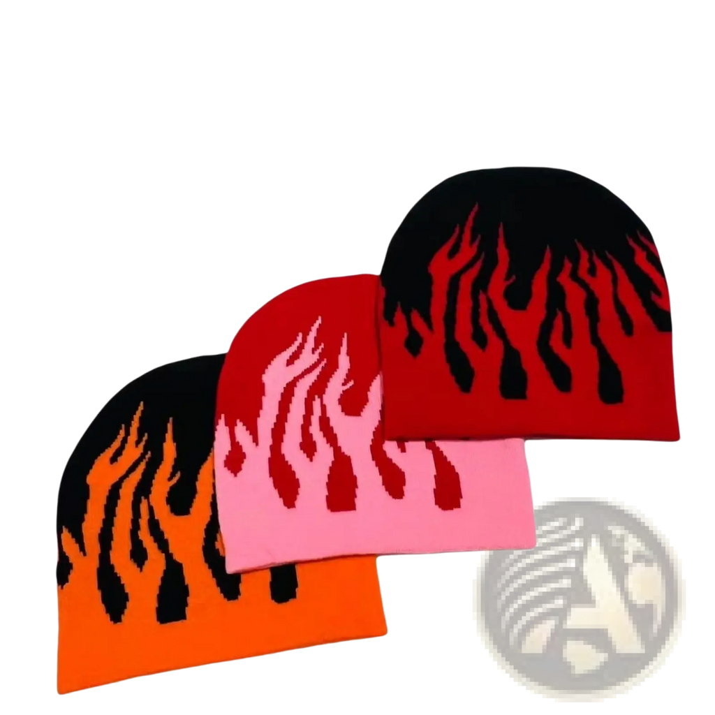 Three flame pattern knit beanie hats in orange pink and red with black flames made of knit material