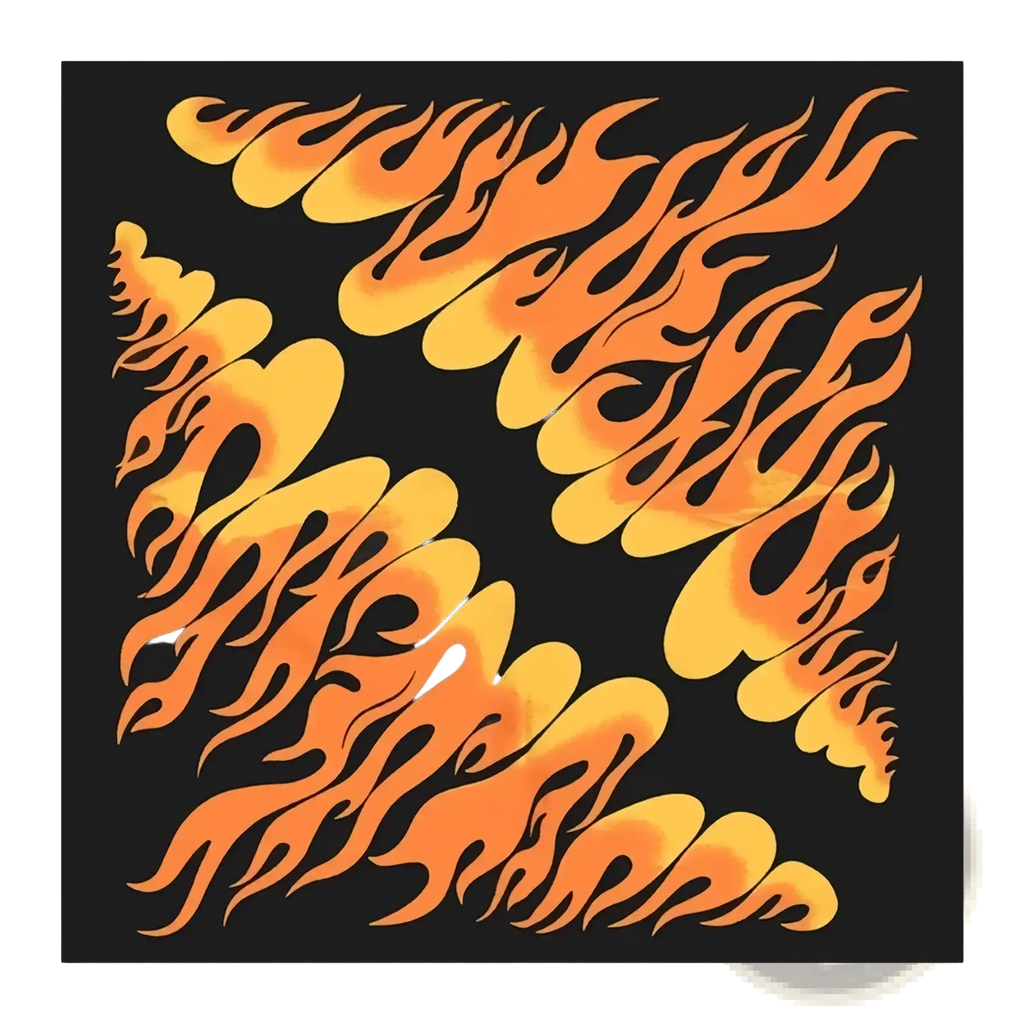 Black square bandana head scarf featuring a vibrant orange and yellow flame pattern design