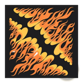 Black square bandana head scarf featuring a vibrant orange and yellow flame pattern design