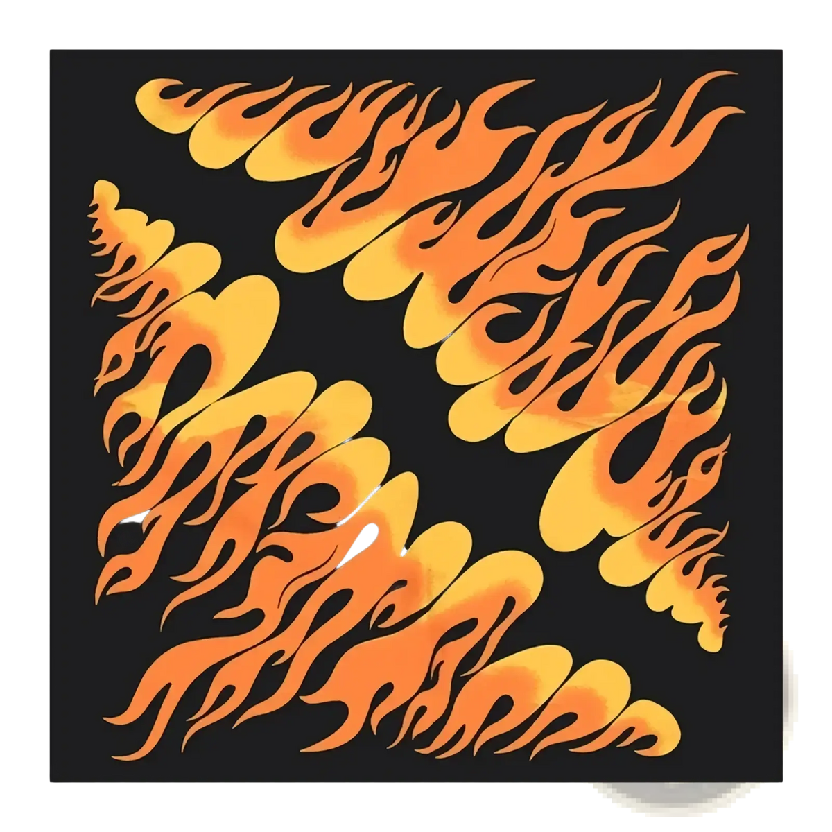 Black square bandana head scarf featuring a vibrant orange and yellow flame pattern design