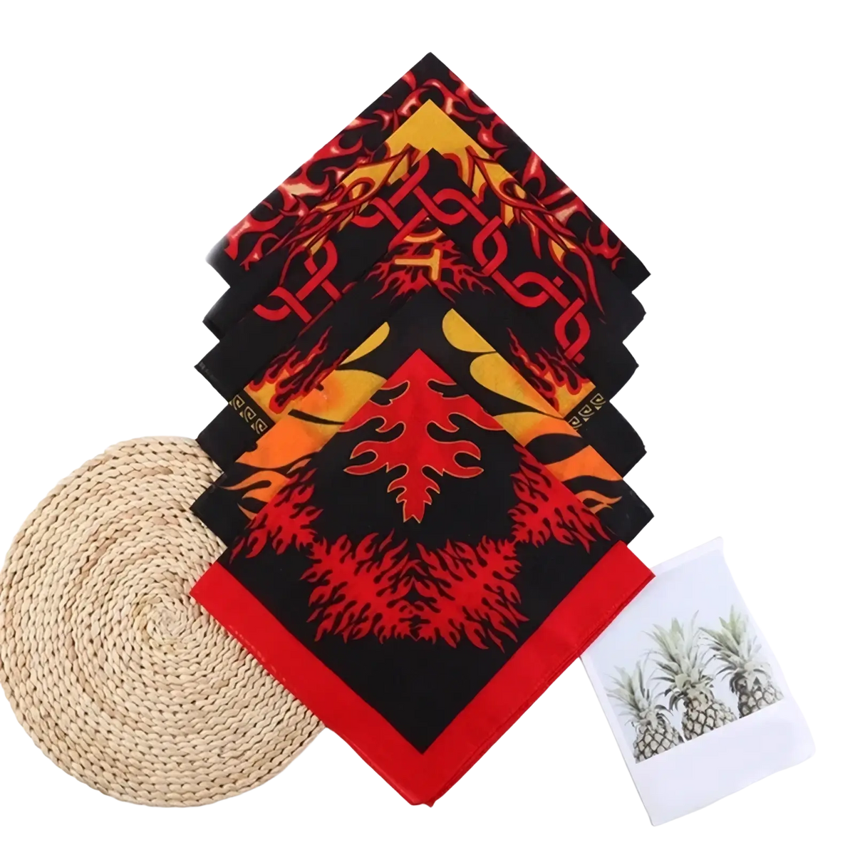 Black bandana head scarf with bold red and yellow flame patterns and a solid red border designed for stylish wear