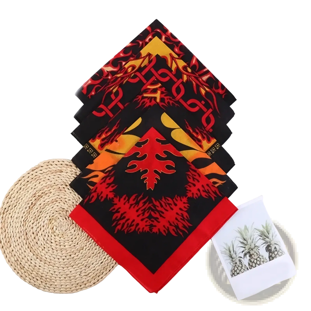 Black bandana head scarf with bold red and yellow flame patterns and a solid red border designed for stylish wear