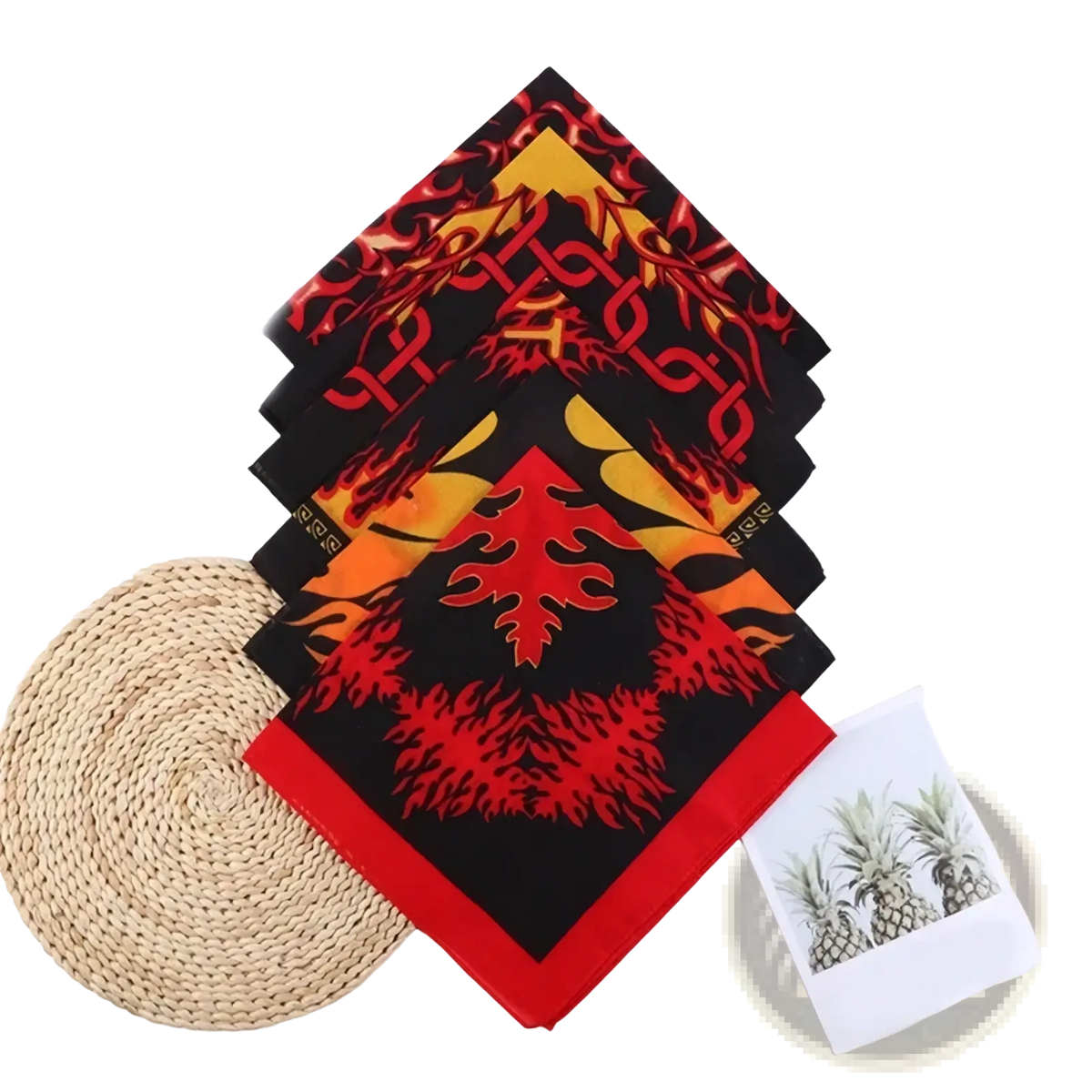 Black bandana head scarf with bold red and yellow flame patterns and a solid red border designed for stylish wear