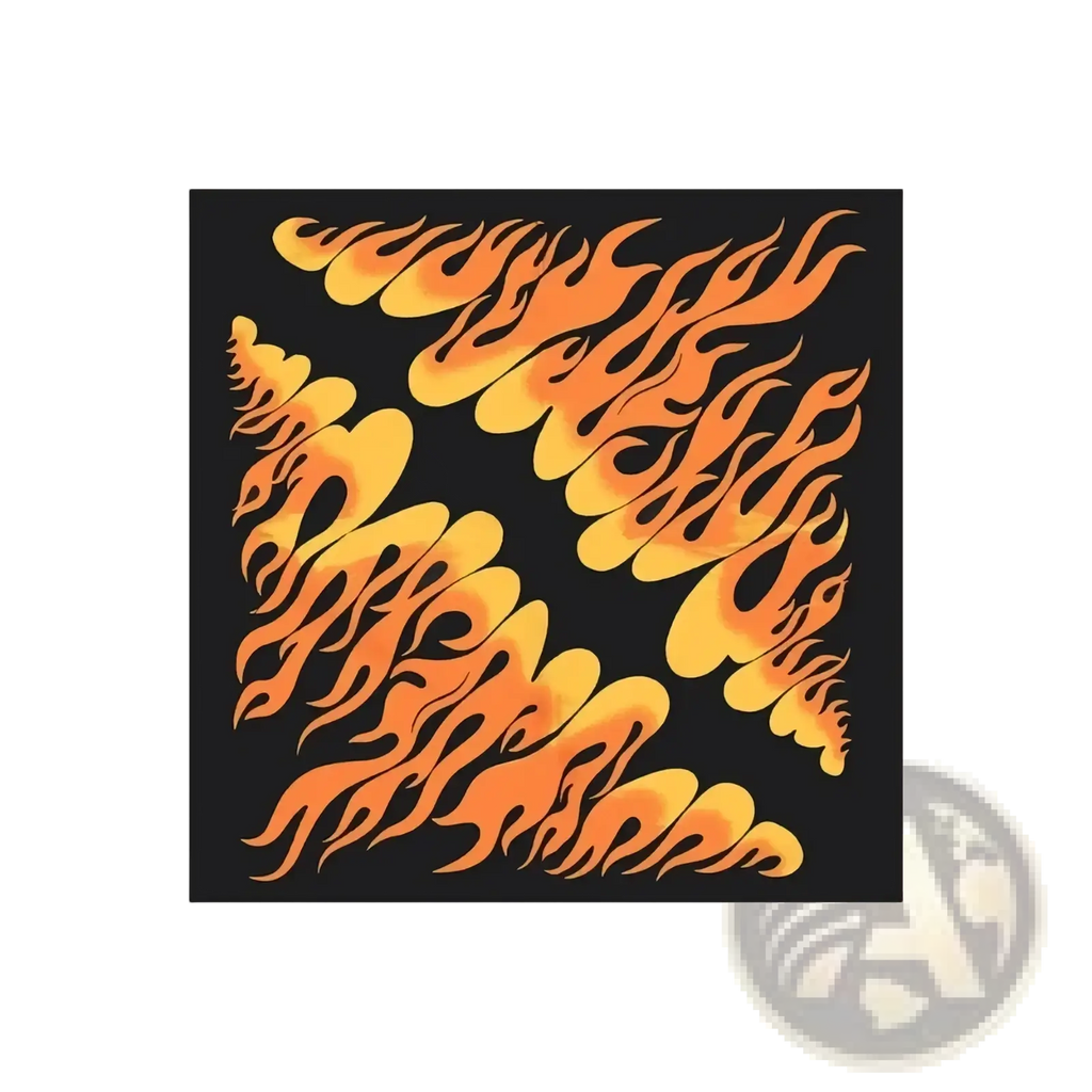 Black square bandana head scarf with vibrant orange and yellow flame pattern for stylish wear
