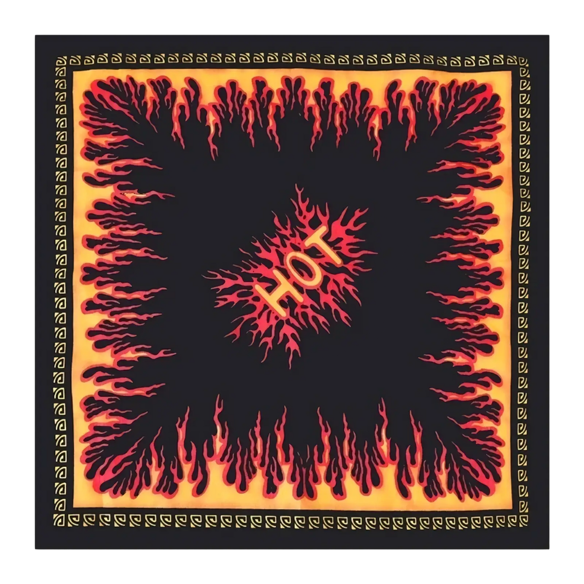 Black bandana head scarf with vibrant orange and red flame patterns and bold yellow hot text at the center