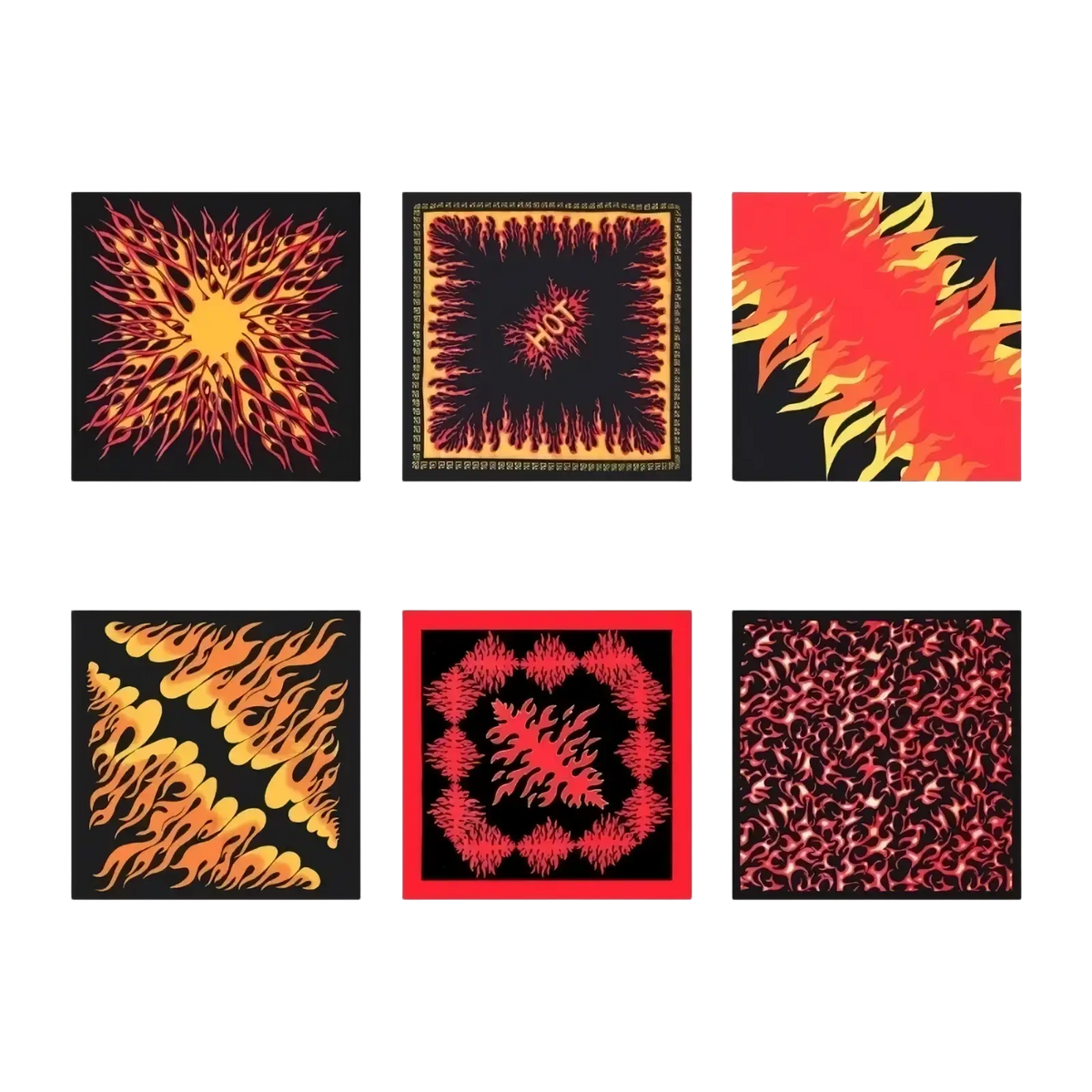 Six flame pattern bandana head scarves featuring vibrant red orange and yellow flame designs on black fabric