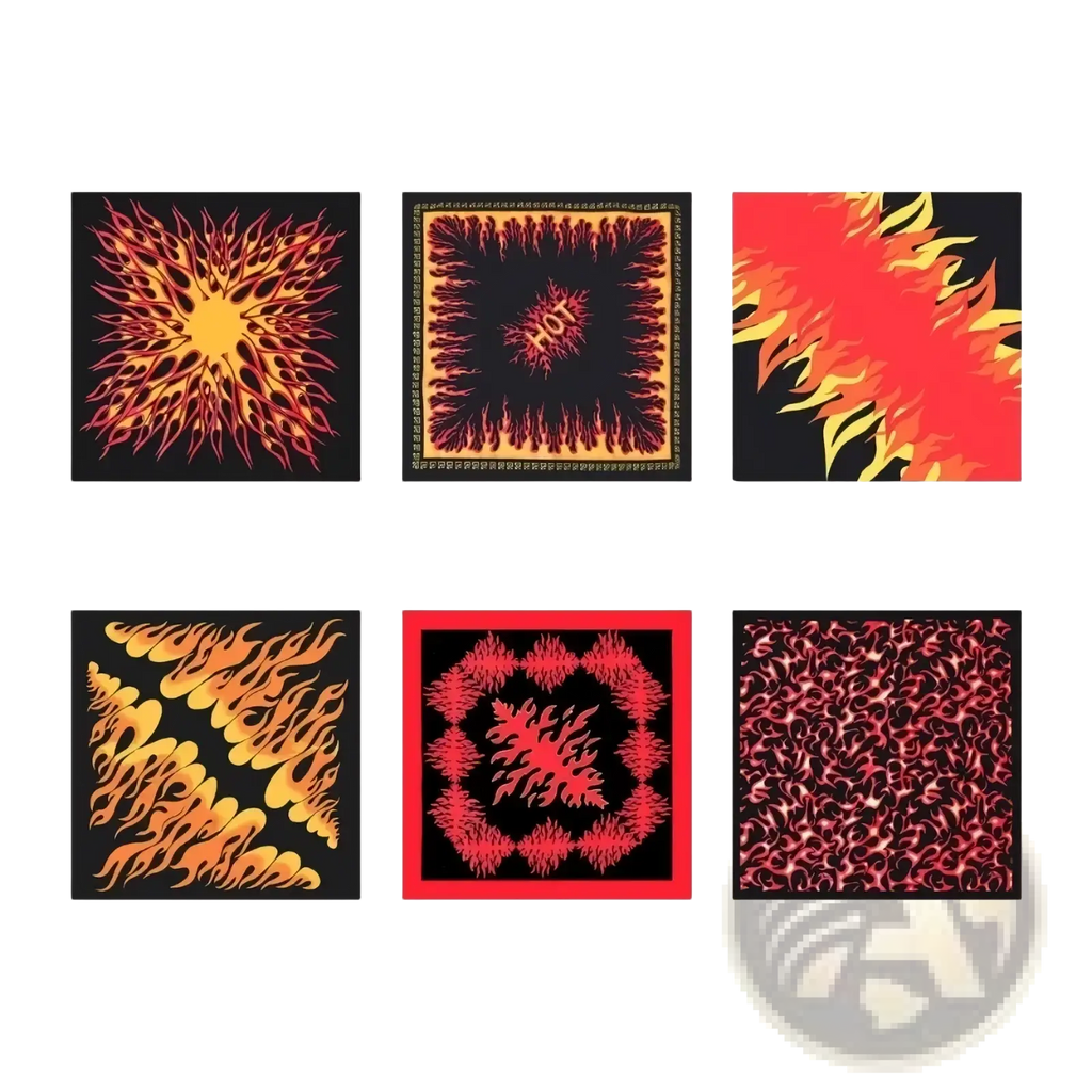 Six flame pattern bandana head scarves featuring vibrant red orange and yellow flame designs on black fabric