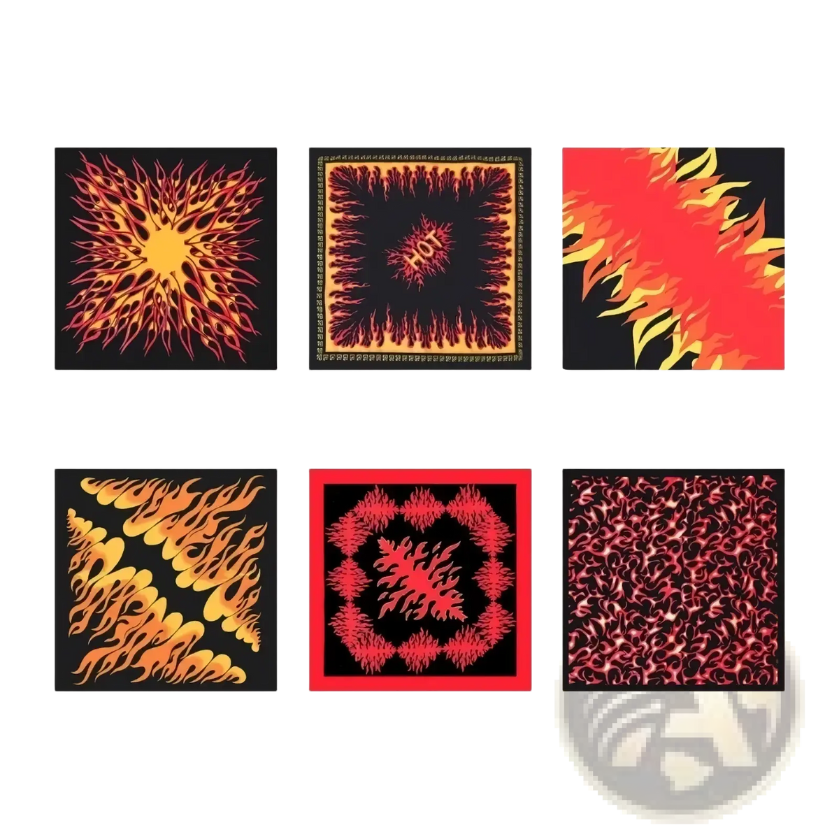 Six flame pattern bandana head scarves featuring vibrant red orange and yellow flame designs on black fabric