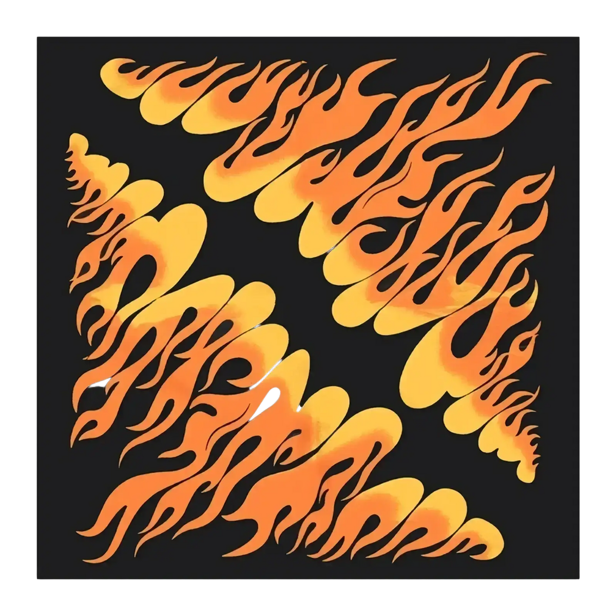 Vibrant orange and yellow flame pattern bandana head scarf on black square fabric for stylish wear