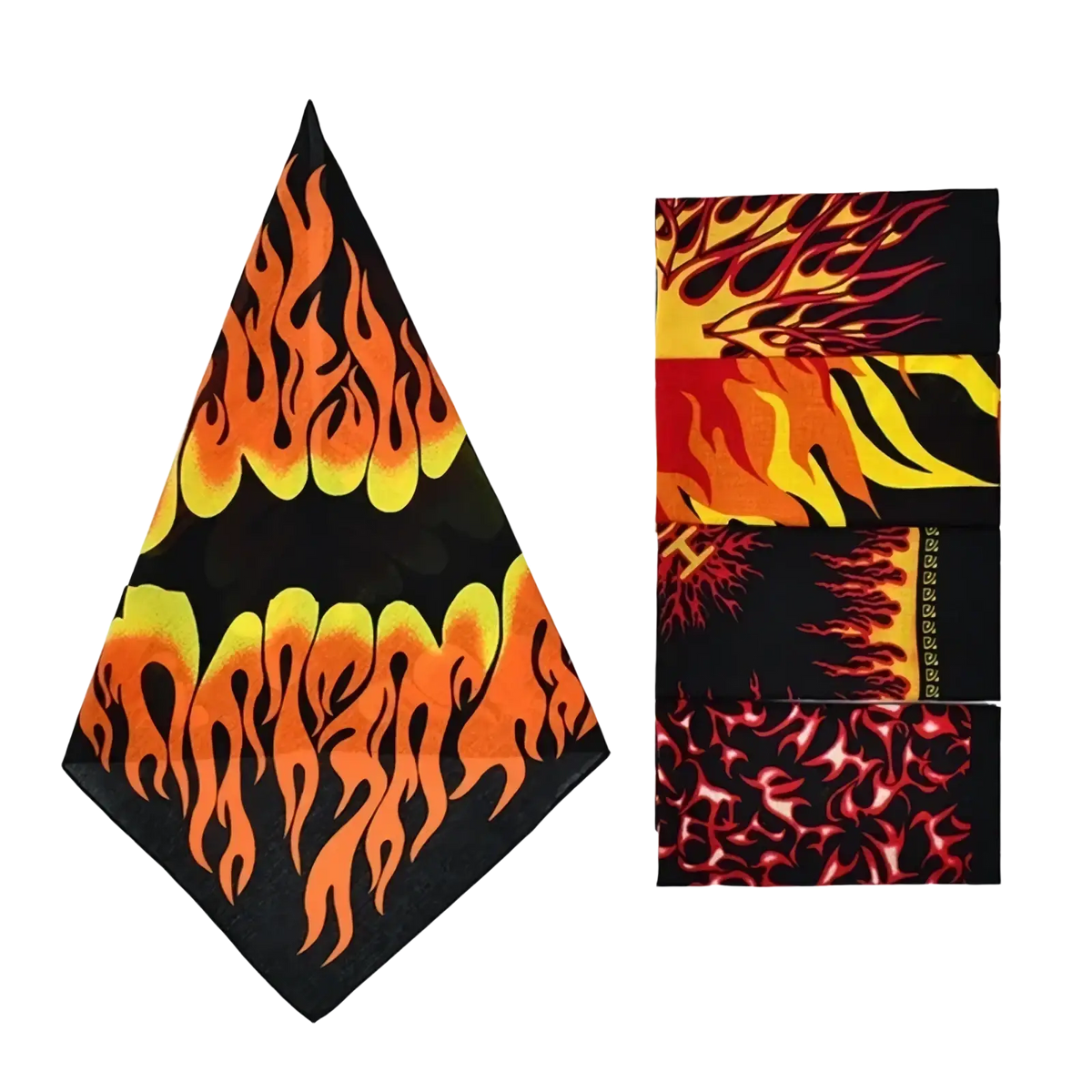 Flame pattern bandana head scarf featuring vibrant orange and yellow flame designs on black fabric