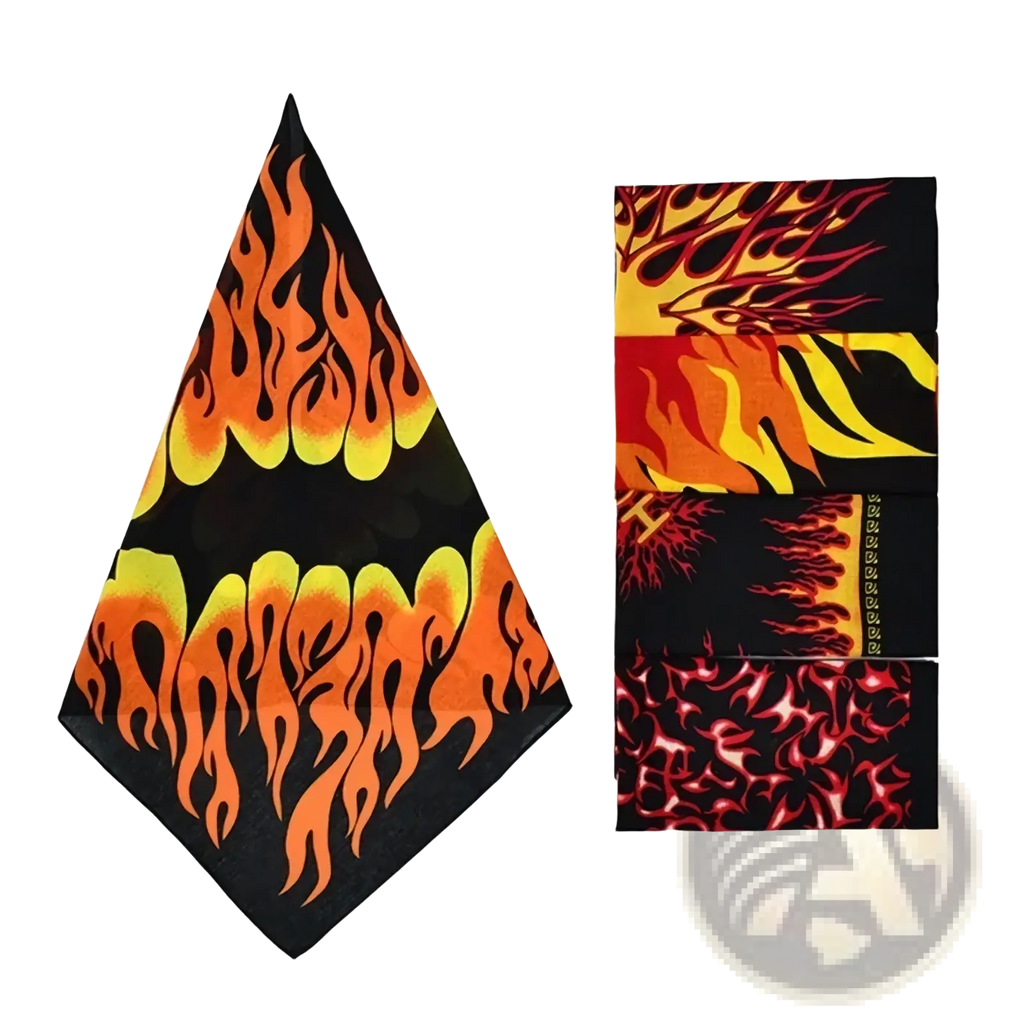 Flame pattern bandana head scarf featuring vibrant orange and yellow flame designs on black fabric