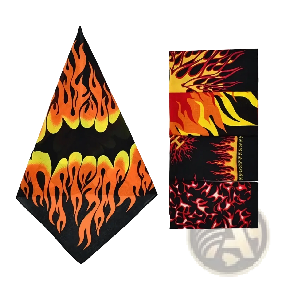 Flame pattern bandana head scarf featuring vibrant orange and yellow flame designs on black fabric