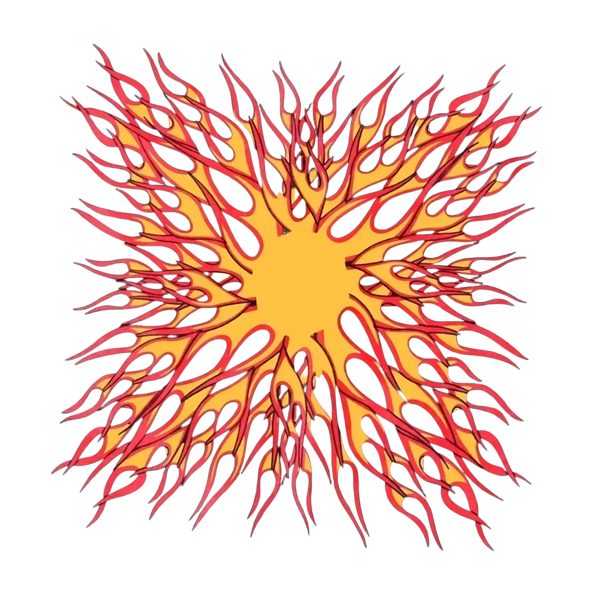 Flame pattern bandana head scarf featuring vibrant red and orange flame design radiating from yellow core on black background