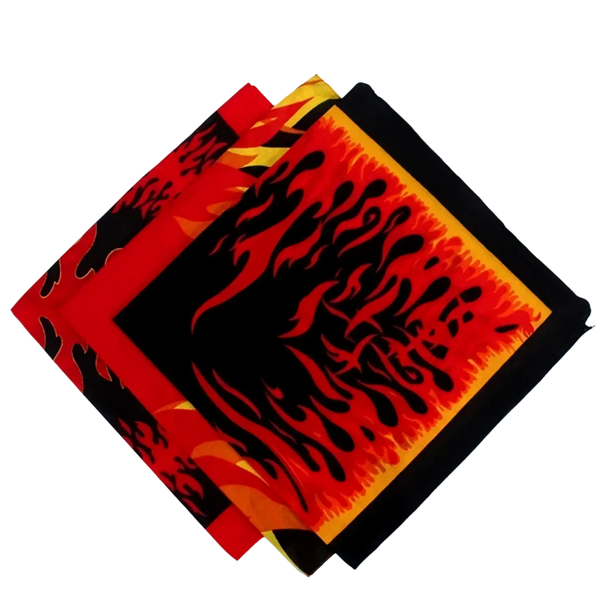 Flame pattern bandana head scarf featuring vibrant red and black flames with a bold yellow border