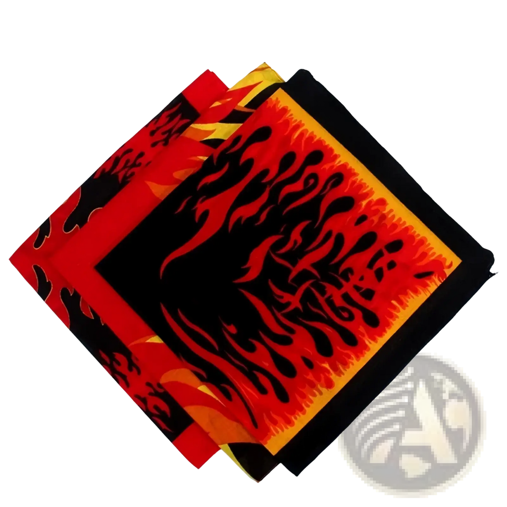 Flame pattern bandana head scarf featuring vibrant red and black flames with a bold yellow border