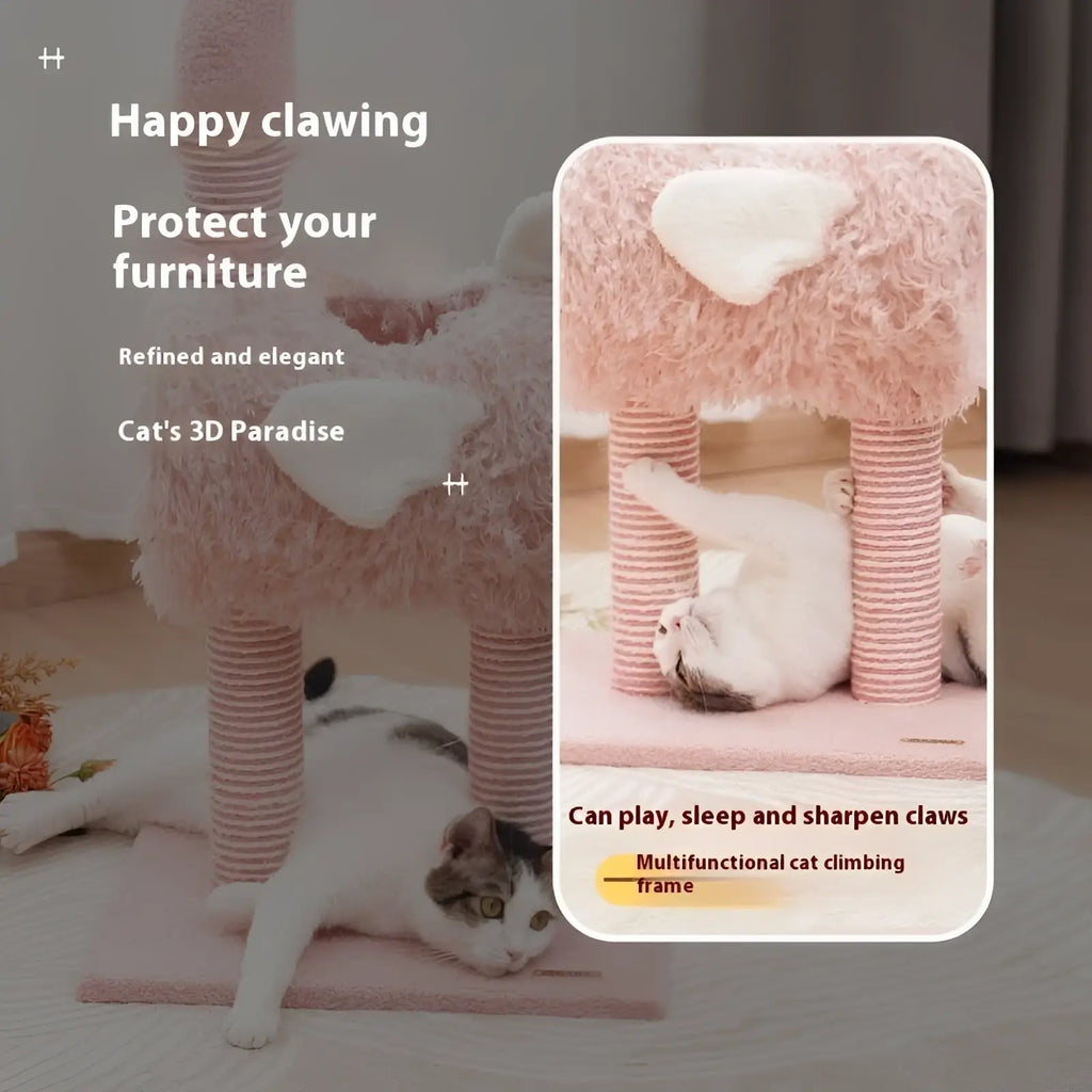 Pink fluffy flamingo cat tree with striped sisal scratching posts and soft white cushioned nest for cats