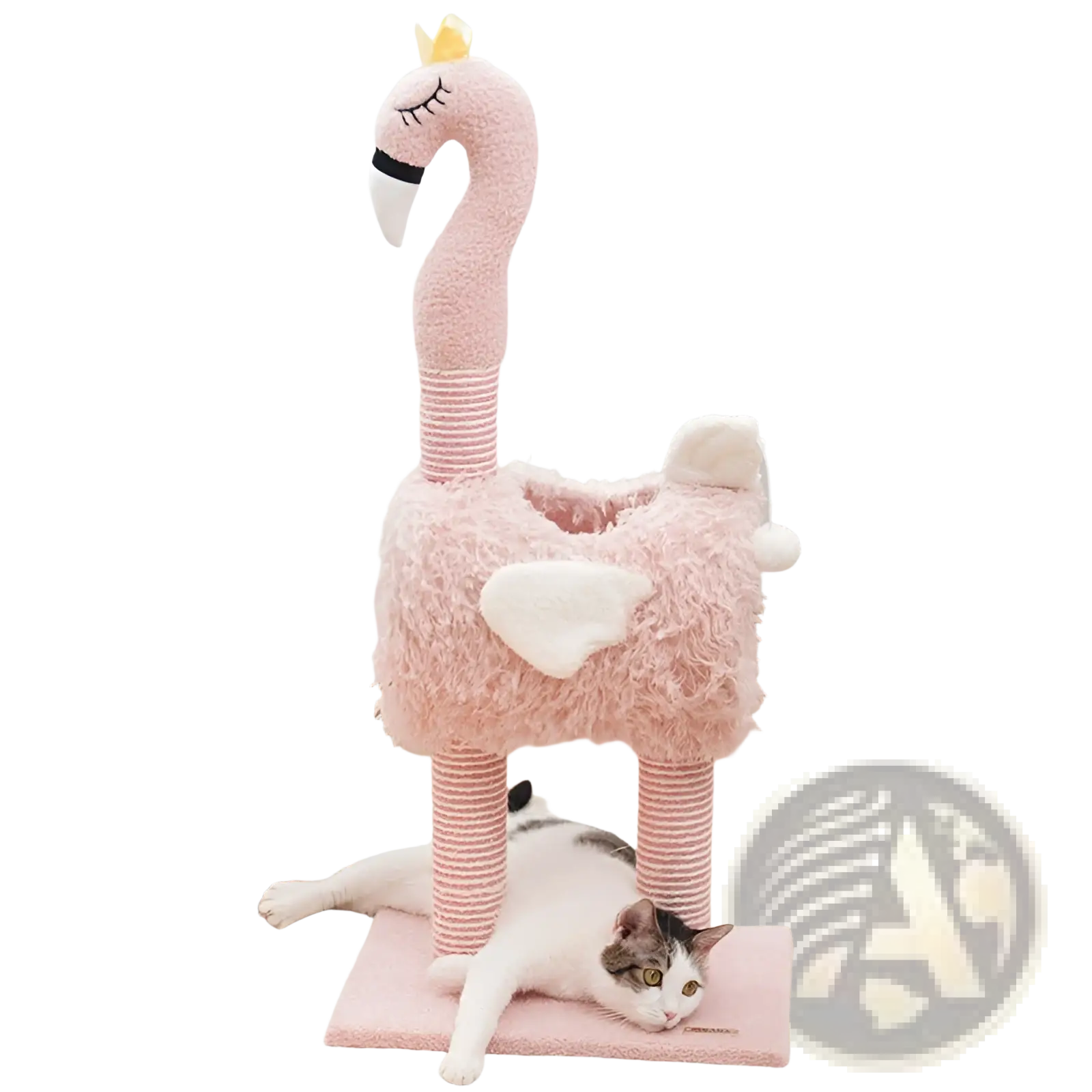 Pink plush flamingo cat tree with crown white heart accent and striped sisal scratching posts for cats