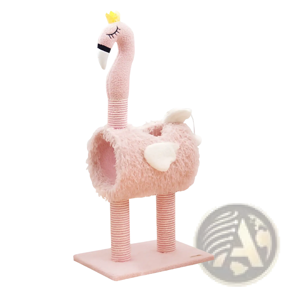 Pink plush flamingo-shaped cat tree with sisal scratching post, yellow crown, black beak detail, and white heart accents