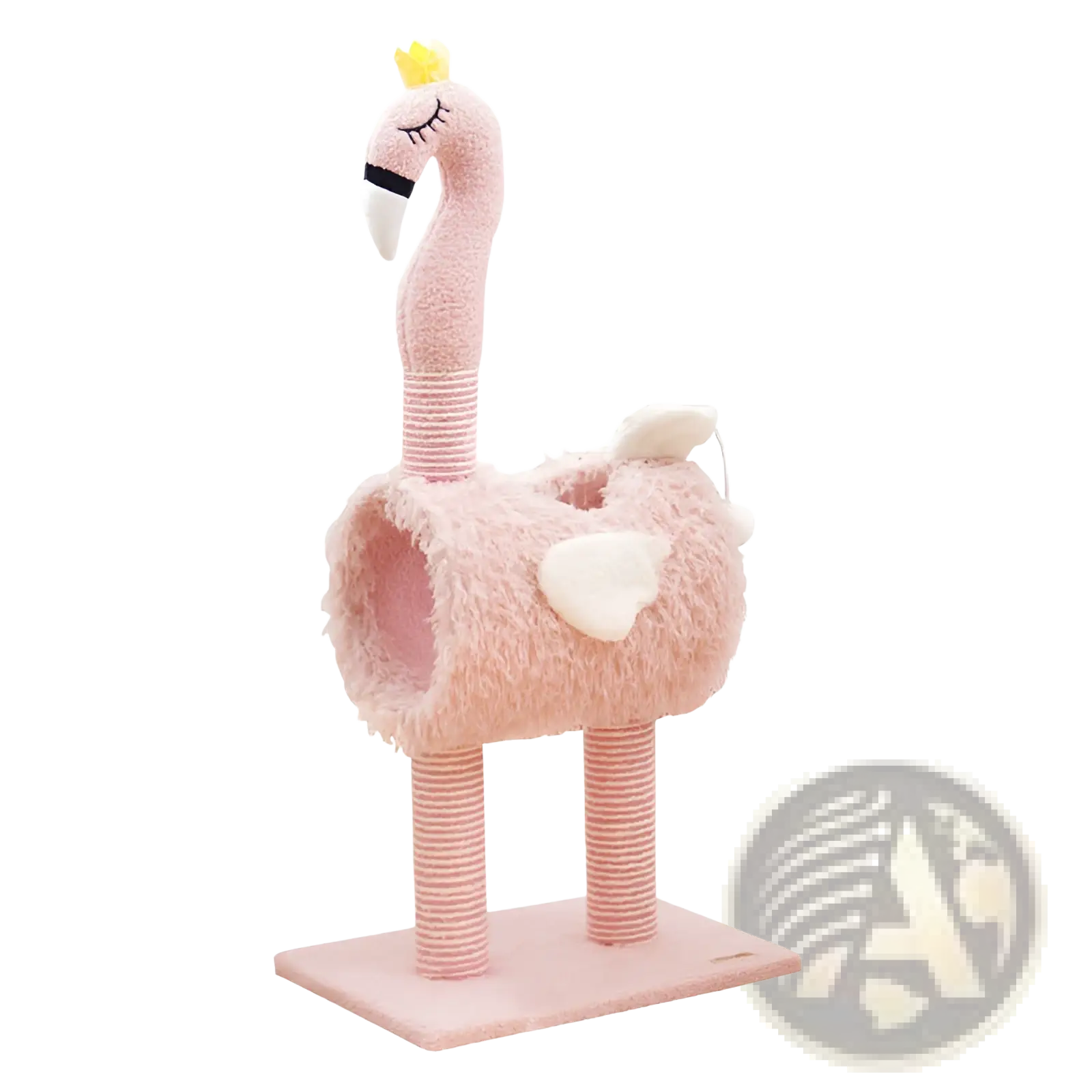 Pink plush flamingo-shaped cat tree with sisal scratching post, yellow crown, black beak detail, and white heart accents