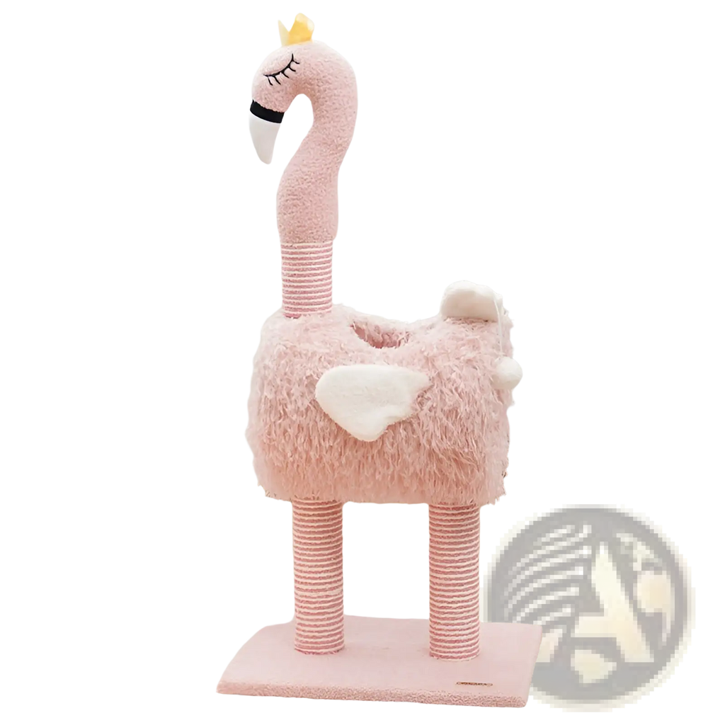 Pink plush flamingo-shaped cat tree with crown fluffy texture and pink sisal striped scratching posts for cats