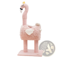 Pink plush flamingo-shaped cat tree with crown fluffy texture and pink sisal striped scratching posts for cats