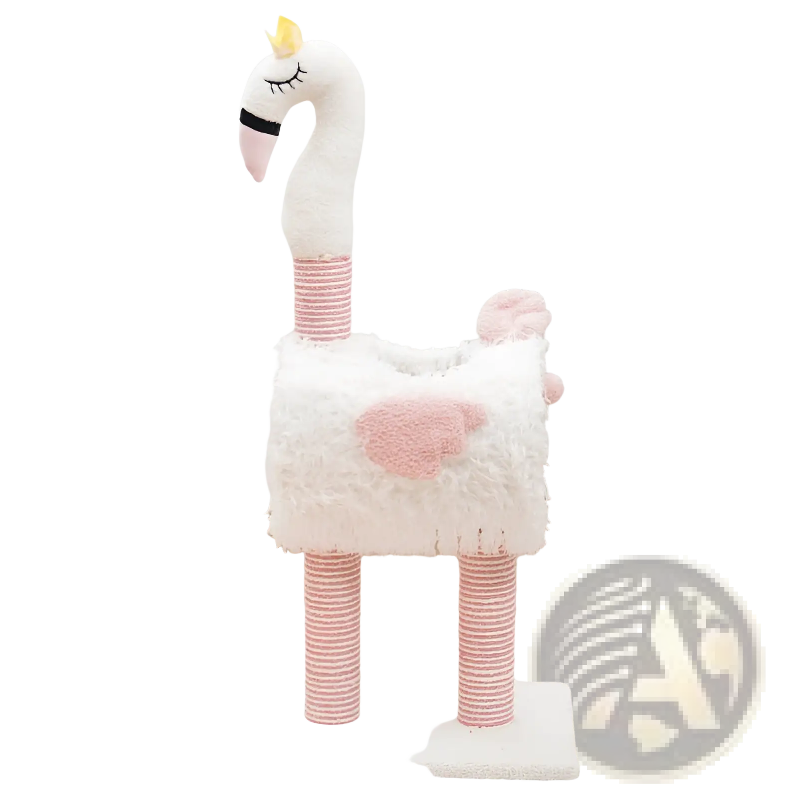 White plush flamingo-shaped cat tree with pink sisal striped scratching posts and a soft pink paw print design