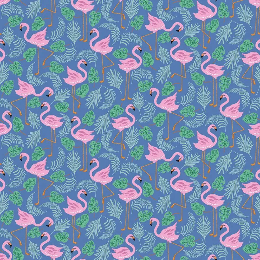 Teal flamingo print vintage skater skirt featuring pink flamingo and green leaf pattern on blue fabric background