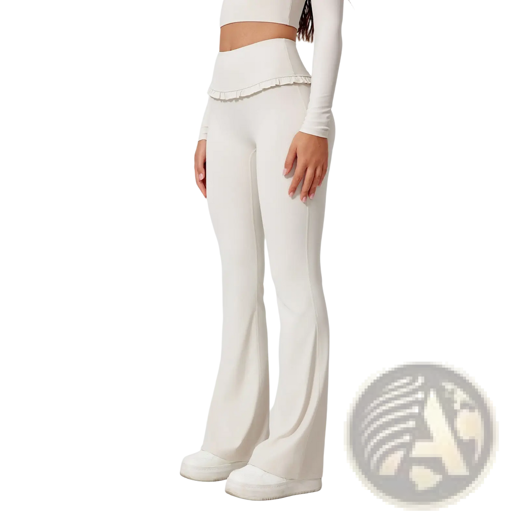 White high waisted flared leggings with a ruffled hem made of smooth stretchy fabric for activewear