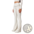 White high waisted flared leggings with a ruffled hem made of smooth stretchy fabric for activewear