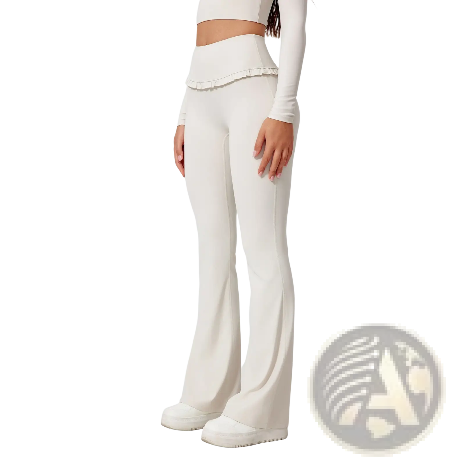 White high waisted flared leggings with a ruffled hem made of smooth stretchy fabric for activewear