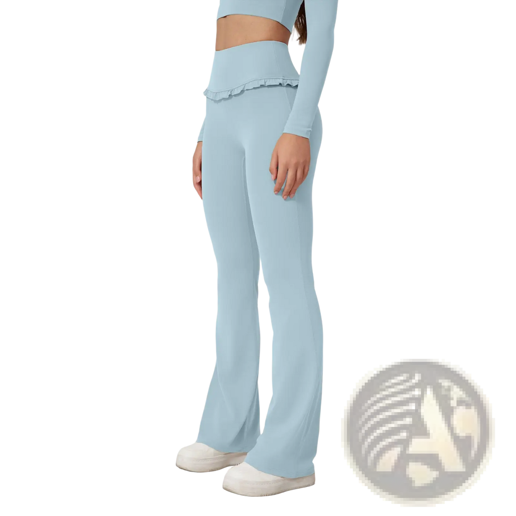 Light blue high waisted flared leggings with ruffled hem designed for active wear and comfort