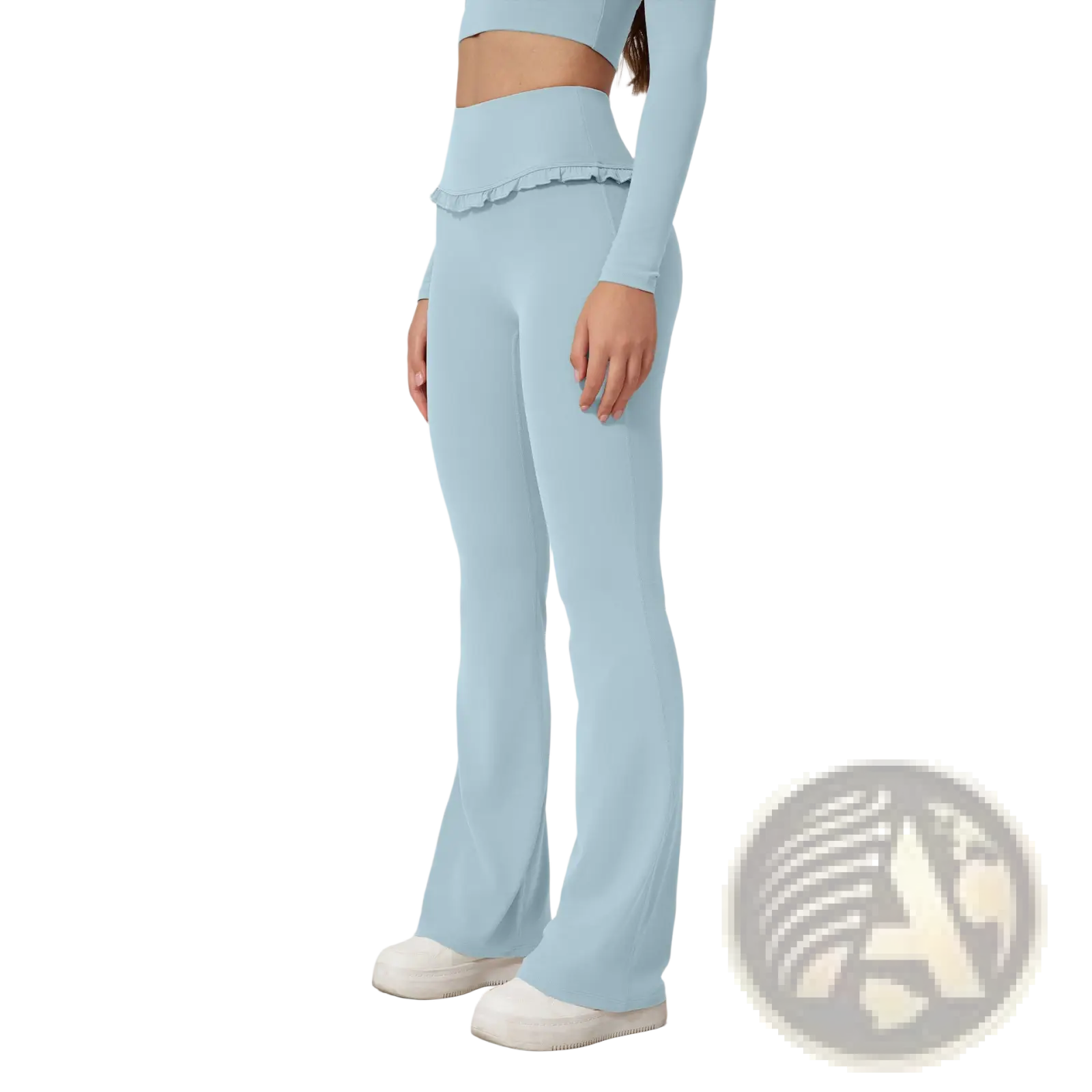Light blue high waisted flared leggings with ruffled hem designed for active wear and comfort