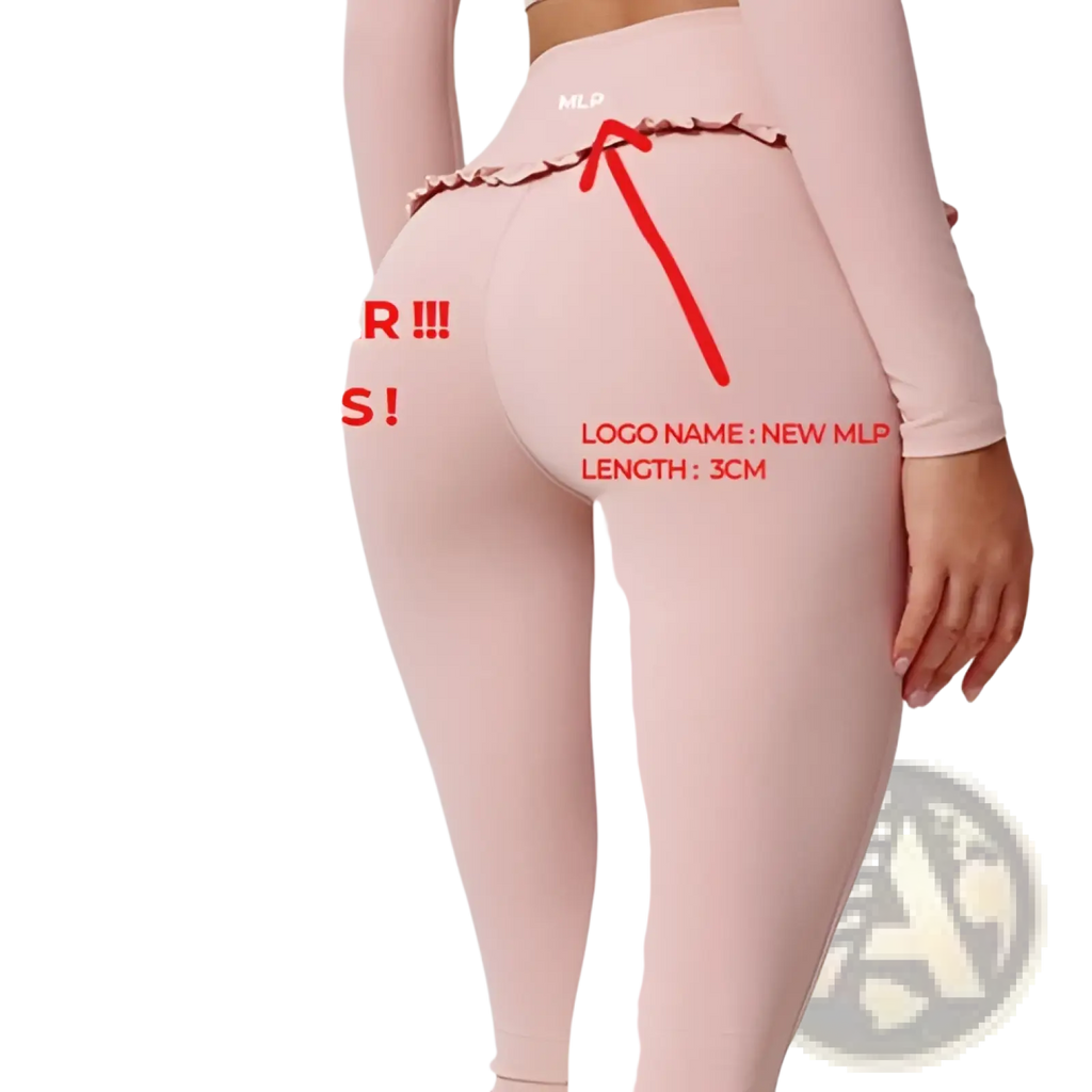 Pink high-waisted flared leggings with ruffled back center detail and new mlp logo for active wear