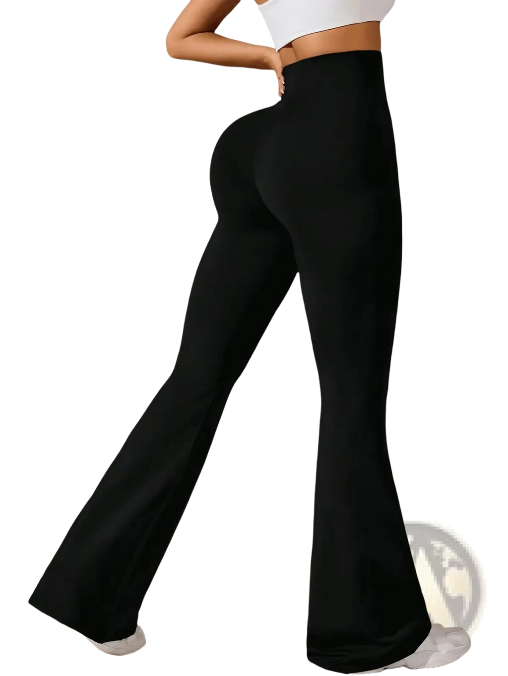 Black high-waisted flared sharkskin yoga leggings with seamless stretchy fabric for motion and versatile wear