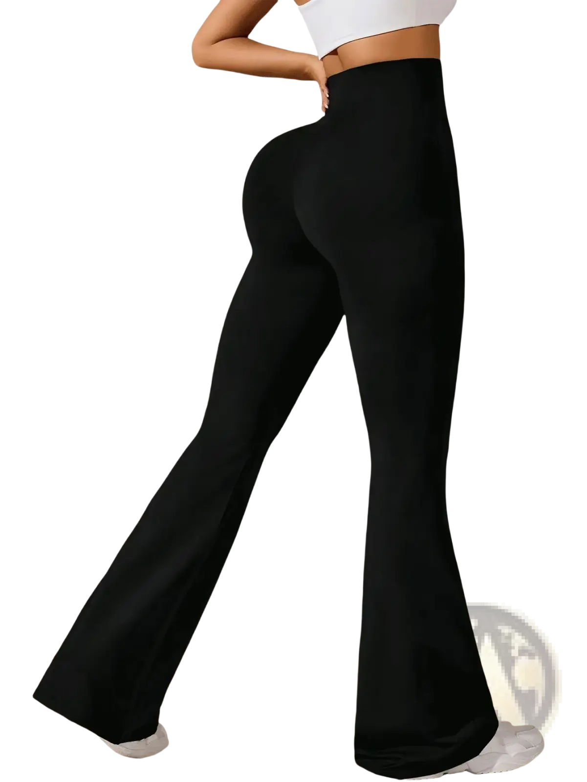 Black high-waisted flared sharkskin yoga leggings with seamless stretchy fabric for motion and versatile wear