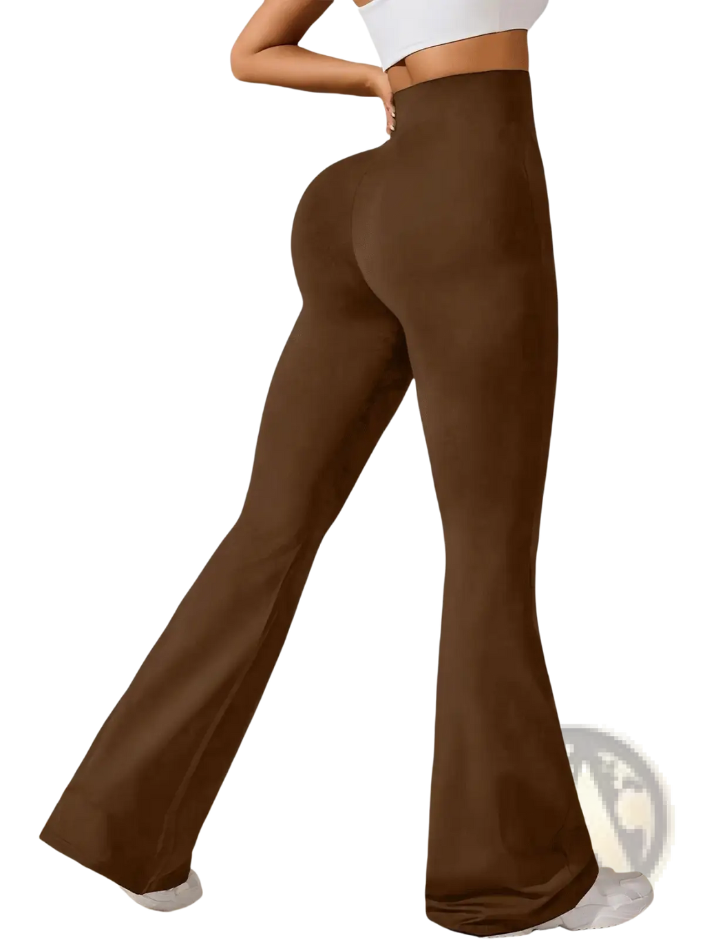 Brown high-waisted flared sharkskin yoga leggings with seamless fit design for comfortable activewear use